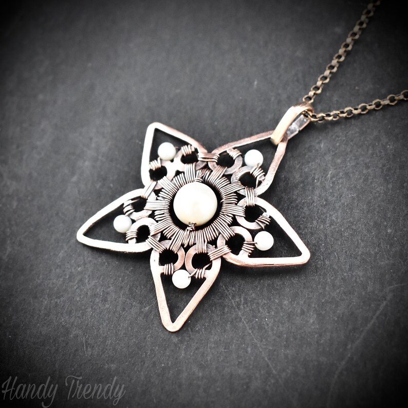 Pearl star pendant, Copper wire wrapped jewelry, Unique handmade necklace, One of a kind artisan jewellery, Statement necklace