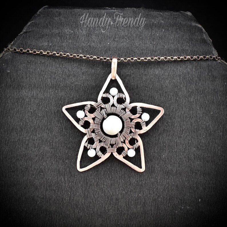 Pearl star pendant, Copper wire wrapped jewelry, Unique handmade necklace, One of a kind artisan jewellery, Statement necklace