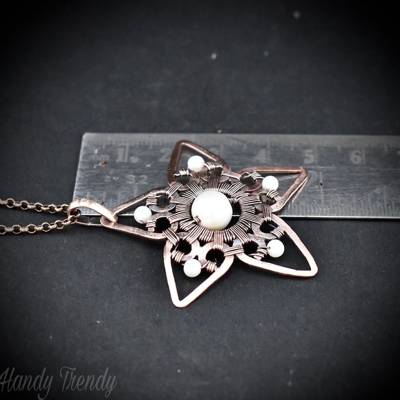Pearl star pendant, Copper wire wrapped jewelry, Unique handmade necklace, One of a kind artisan jewellery, Statement necklace