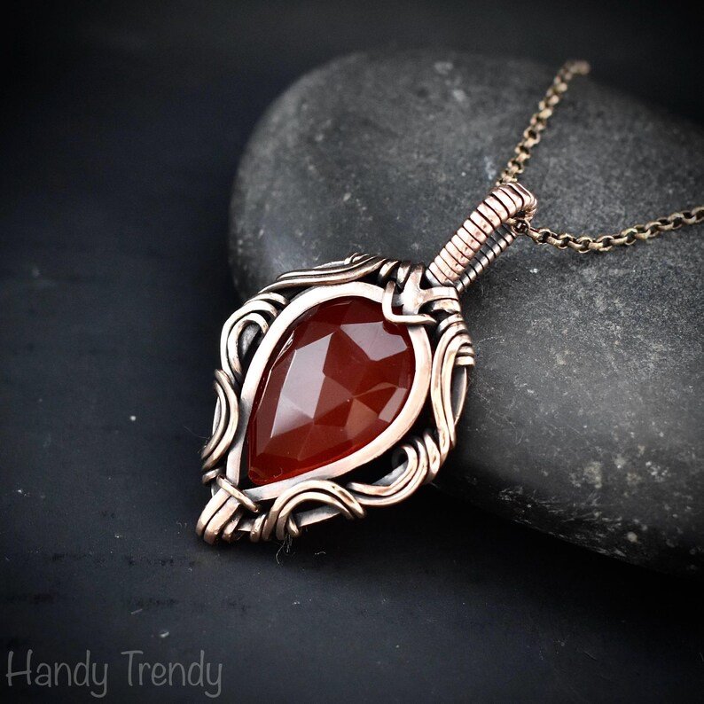 Carnelian pendant, Free flow copper wire wrapped necklace, Unique handmade One of a kind Artisan boho jewelry, Orange pendant