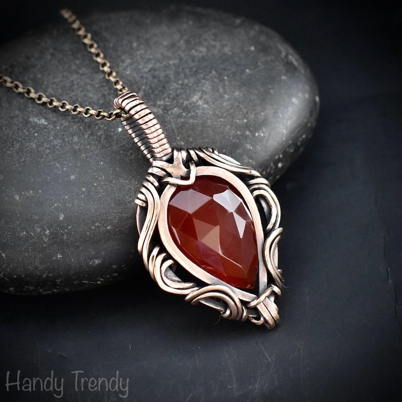 Carnelian pendant, Free flow copper wire wrapped necklace, Unique handmade One of a kind Artisan boho jewelry, Orange pendant