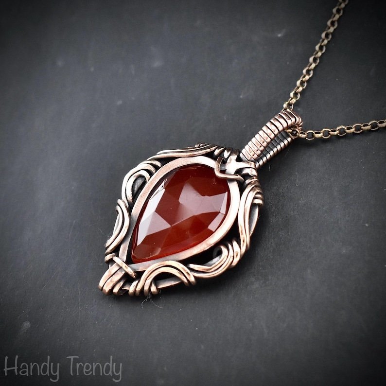 Carnelian pendant, Free flow copper wire wrapped necklace, Unique handmade One of a kind Artisan boho jewelry, Orange pendant