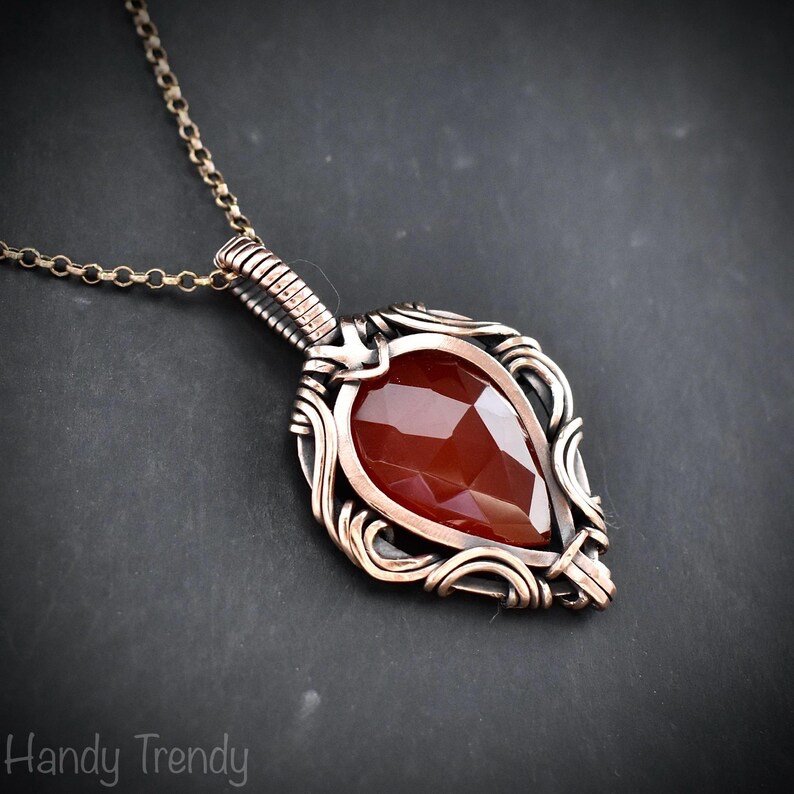 Carnelian pendant, Free flow copper wire wrapped necklace, Unique handmade One of a kind Artisan boho jewelry, Orange pendant