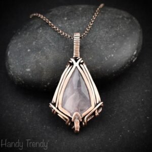 Rose quartz pendant, Free flow copper wire wrapped necklace, Unique handmade One of a kind Artisan boho jewelry