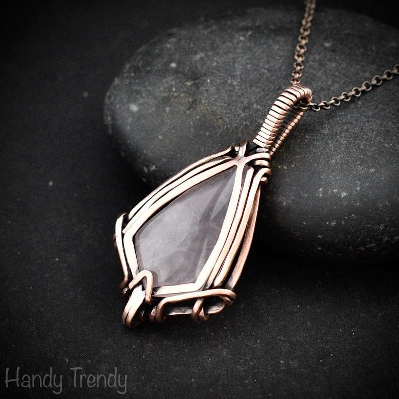 Rose quartz pendant, Free flow copper wire wrapped necklace, Unique handmade One of a kind Artisan boho jewelry