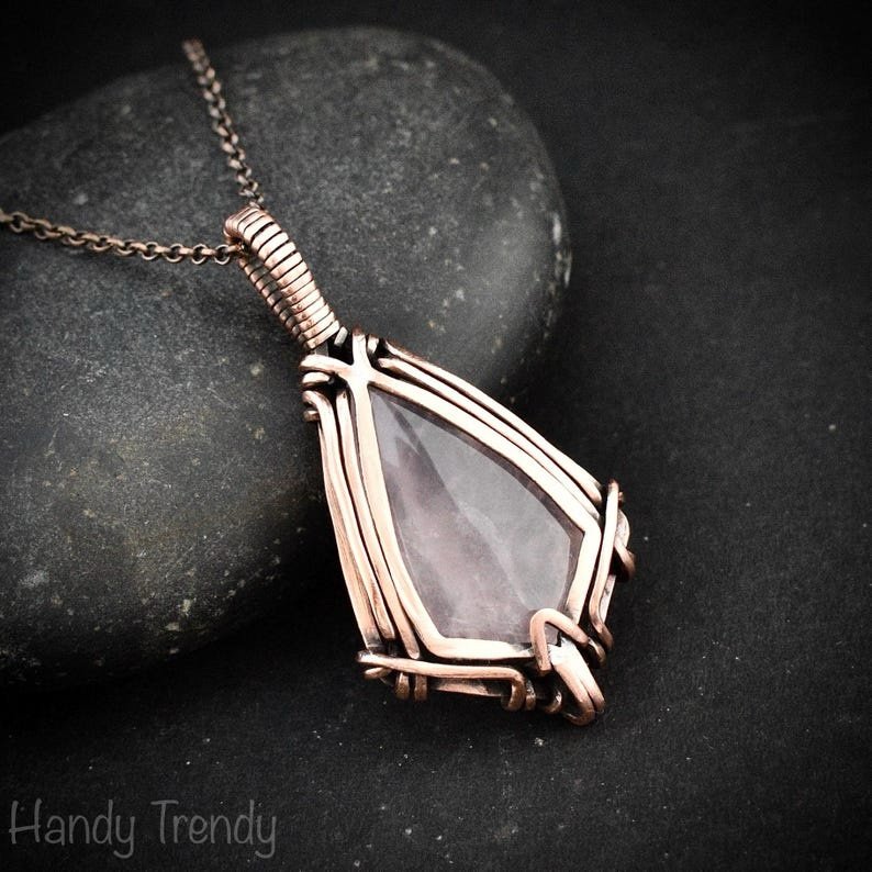 Rose quartz pendant, Free flow copper wire wrapped necklace, Unique handmade One of a kind Artisan boho jewelry