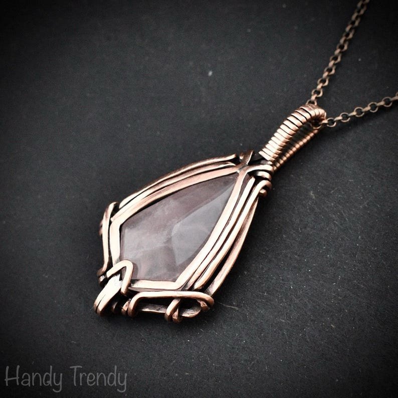 Rose quartz pendant, Free flow copper wire wrapped necklace, Unique handmade One of a kind Artisan boho jewelry