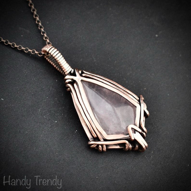 Rose quartz pendant, Free flow copper wire wrapped necklace, Unique handmade One of a kind Artisan boho jewelry