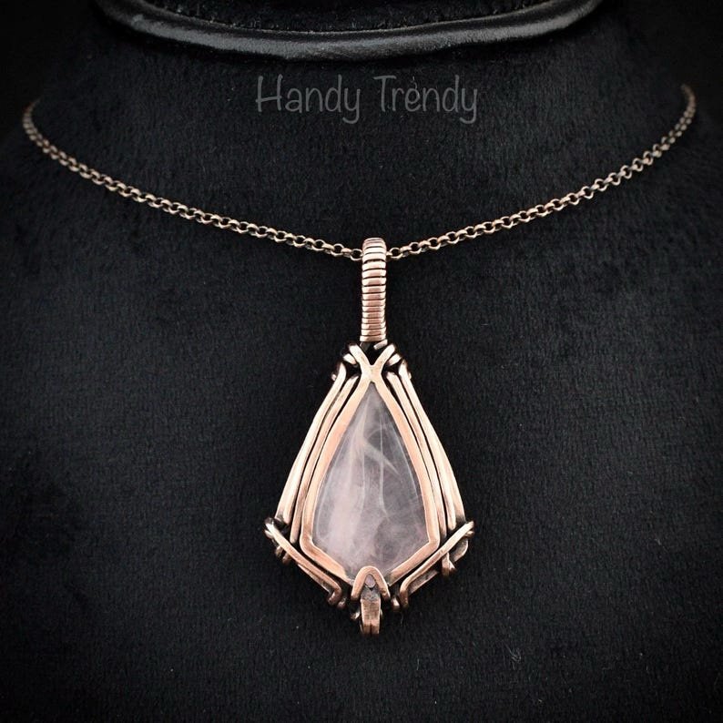 Rose quartz pendant, Free flow copper wire wrapped necklace, Unique handmade One of a kind Artisan boho jewelry