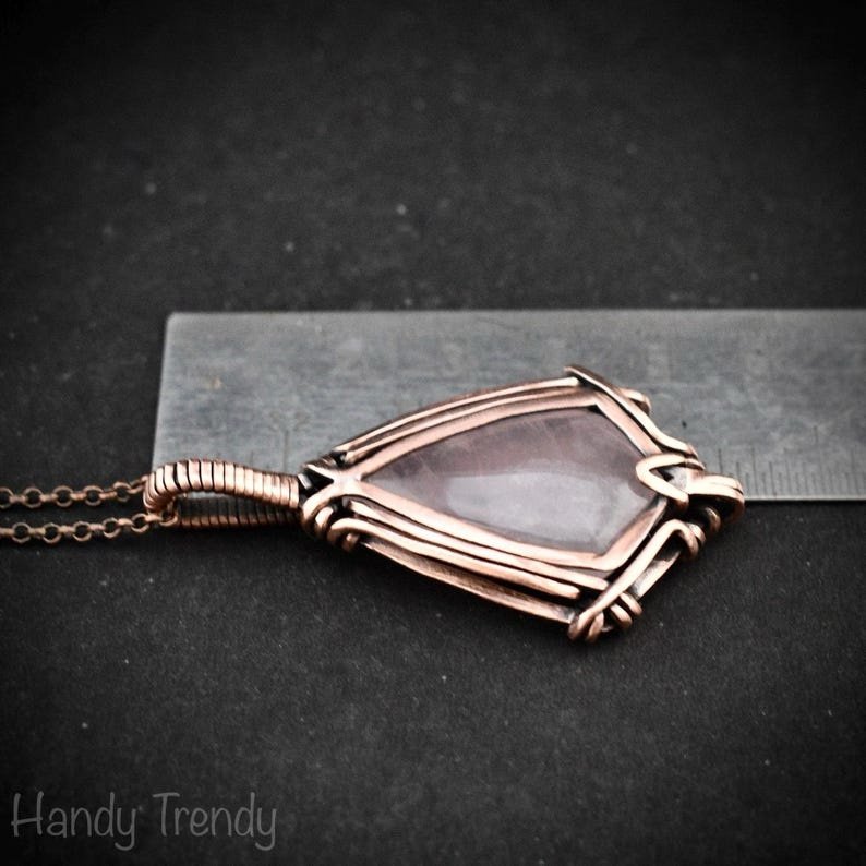Rose quartz pendant, Free flow copper wire wrapped necklace, Unique handmade One of a kind Artisan boho jewelry