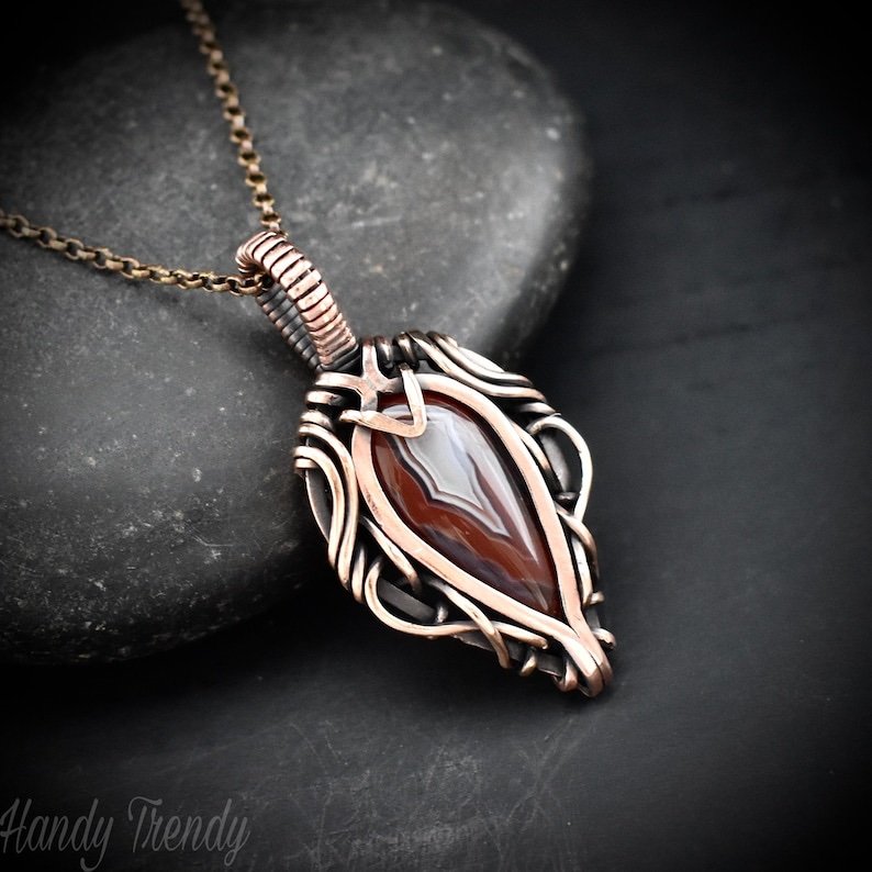 Orange botswana agate free flow pendant, Copper wire wrap jewelry, Unique handmade gift, Artisan necklace, One of a kind piece