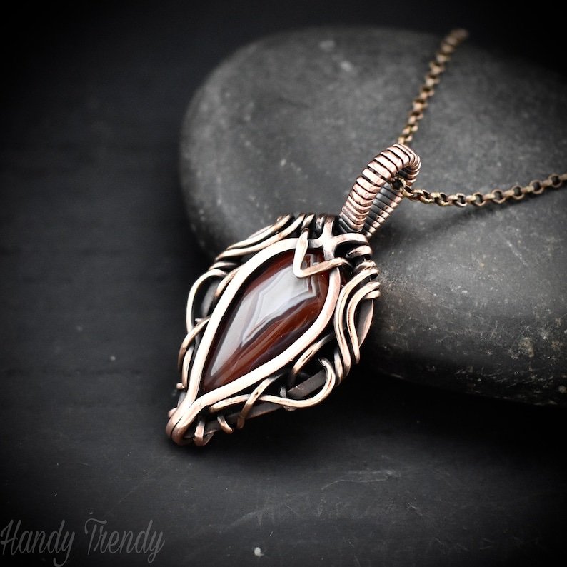Orange botswana agate free flow pendant, Copper wire wrap jewelry, Unique handmade gift, Artisan necklace, One of a kind piece