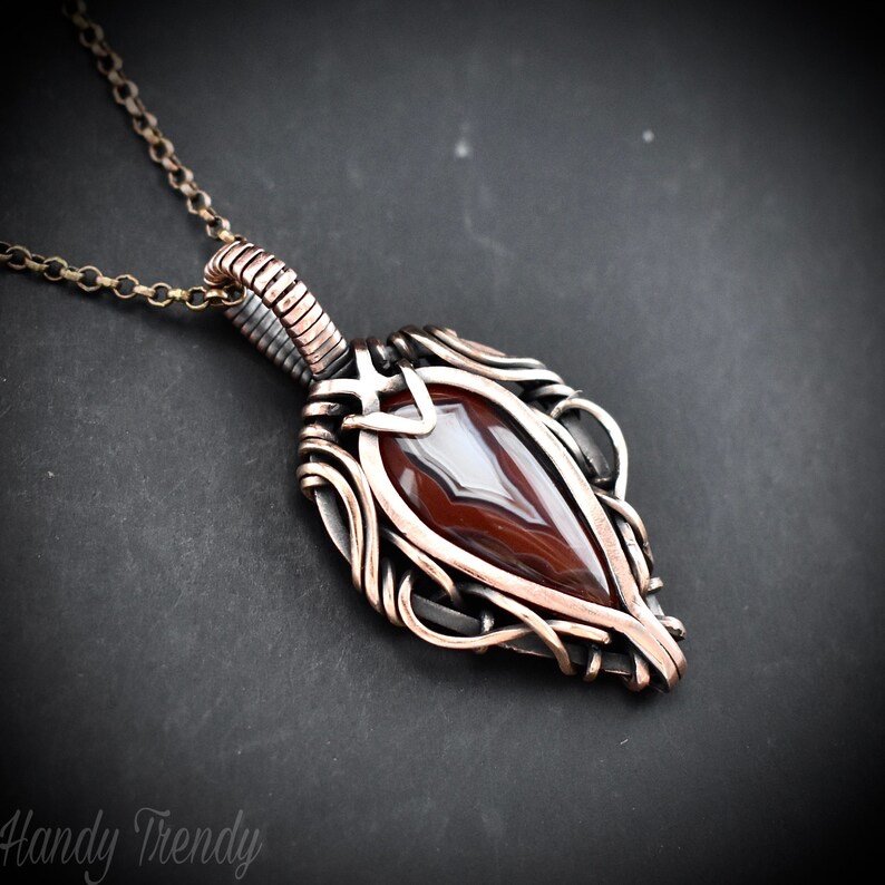 Orange botswana agate free flow pendant, Copper wire wrap jewelry, Unique handmade gift, Artisan necklace, One of a kind piece