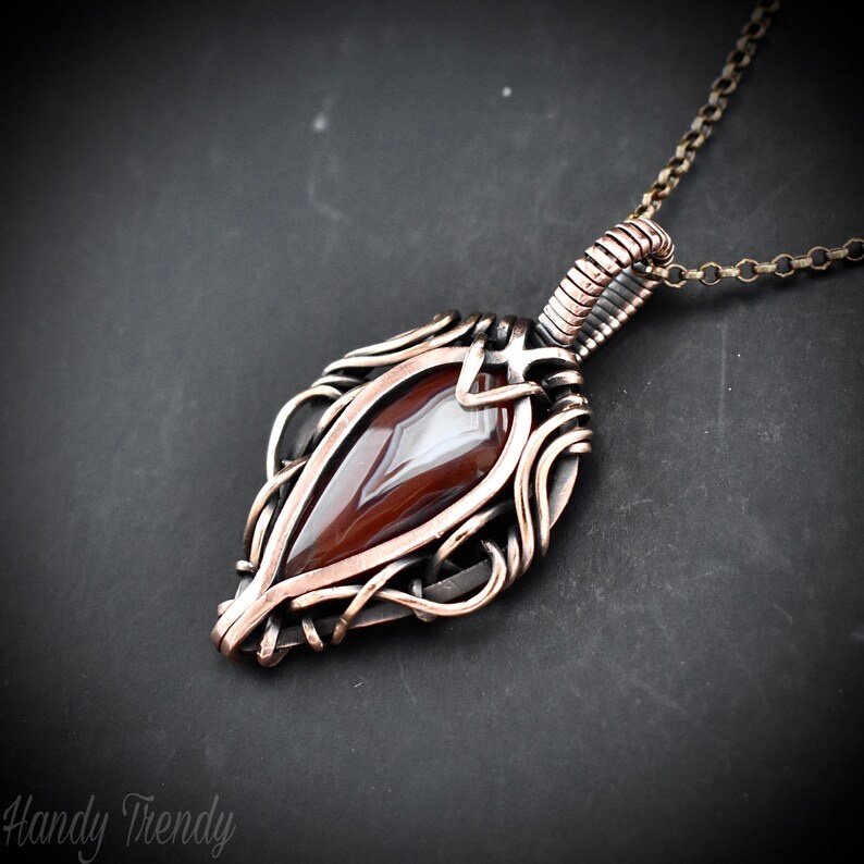 Orange botswana agate free flow pendant, Copper wire wrap jewelry, Unique handmade gift, Artisan necklace, One of a kind piece