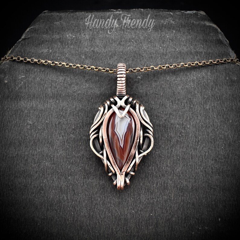 Orange botswana agate free flow pendant, Copper wire wrap jewelry, Unique handmade gift, Artisan necklace, One of a kind piece