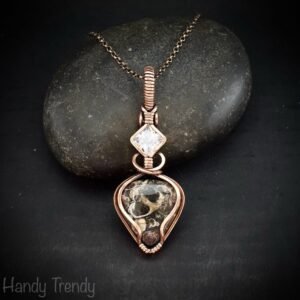 Turritella fossil and cubic zirconia pendant, Copper wire wrapped necklace, Unique handmade gift, One of a kind jewelry, Artisan jewelry