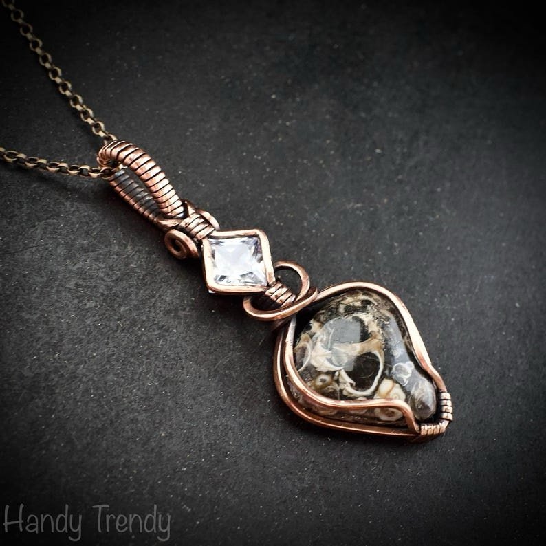 Turritella fossil and cubic zirconia pendant, Copper wire wrapped necklace, Unique handmade gift, One of a kind jewelry, Artisan jewelry