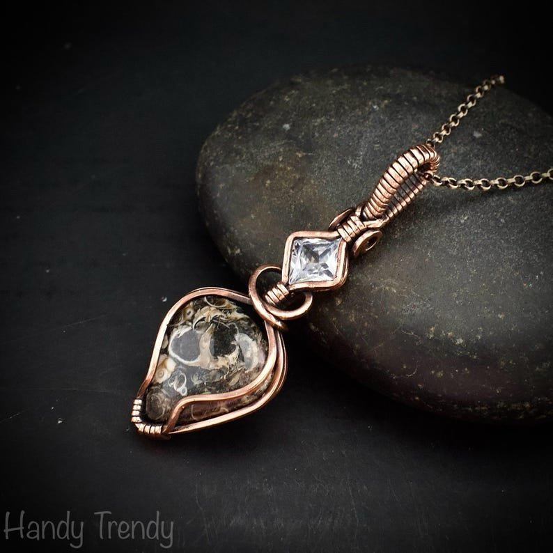 Turritella fossil and cubic zirconia pendant, Copper wire wrapped necklace, Unique handmade gift, One of a kind jewelry, Artisan jewelry