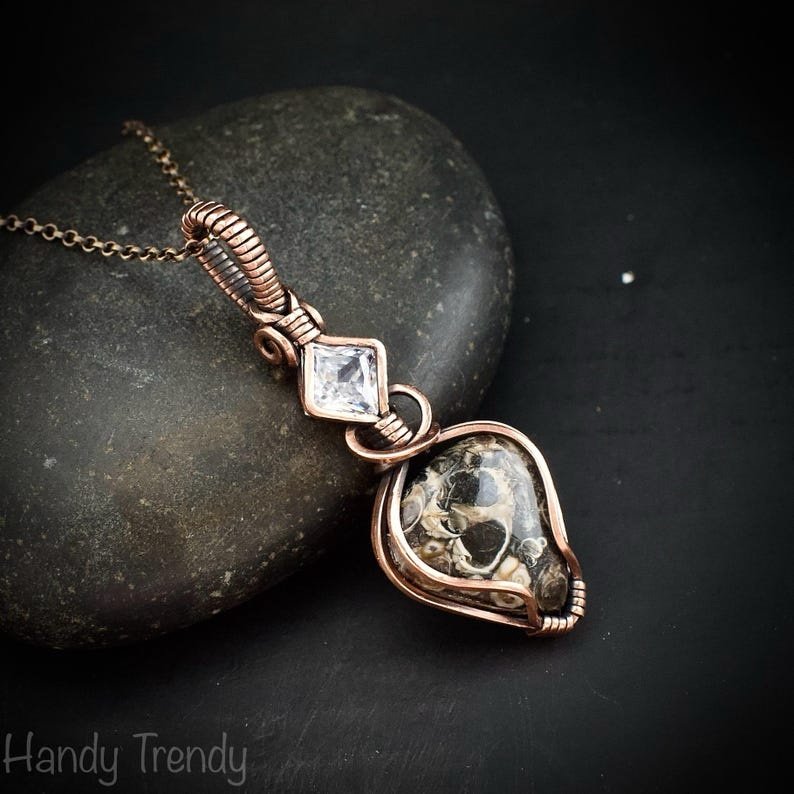 Turritella fossil and cubic zirconia pendant, Copper wire wrapped necklace, Unique handmade gift, One of a kind jewelry, Artisan jewelry