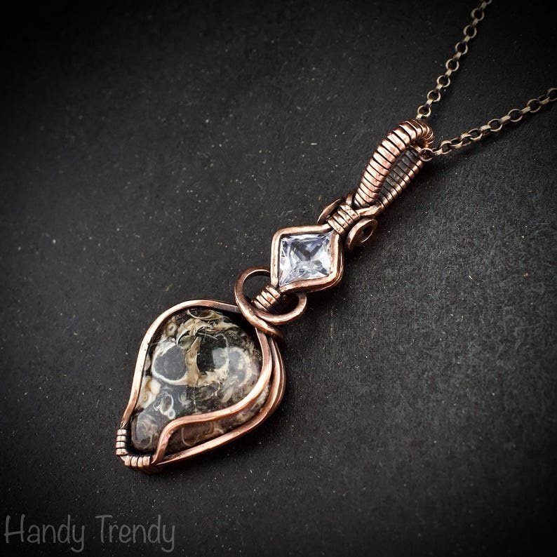 Turritella fossil and cubic zirconia pendant, Copper wire wrapped necklace, Unique handmade gift, One of a kind jewelry, Artisan jewelry