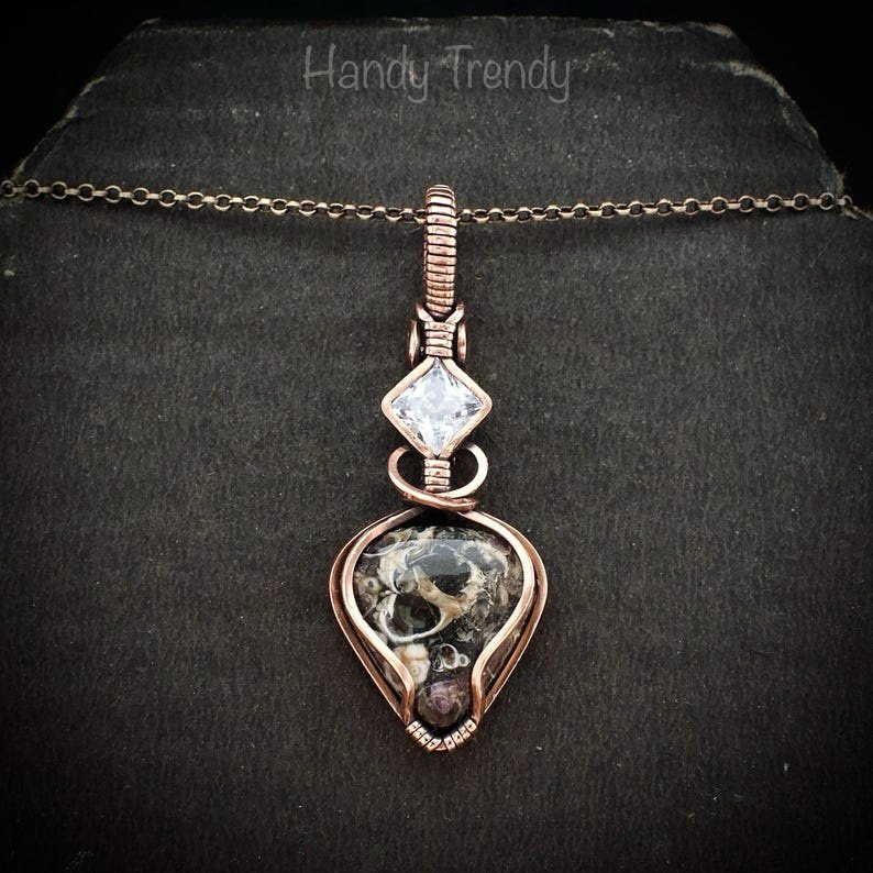Turritella fossil and cubic zirconia pendant, Copper wire wrapped necklace, Unique handmade gift, One of a kind jewelry, Artisan jewelry