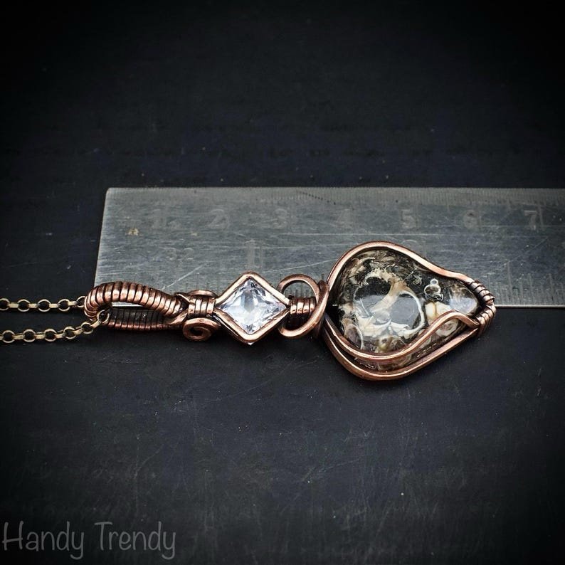 Turritella fossil and cubic zirconia pendant, Copper wire wrapped necklace, Unique handmade gift, One of a kind jewelry, Artisan jewelry