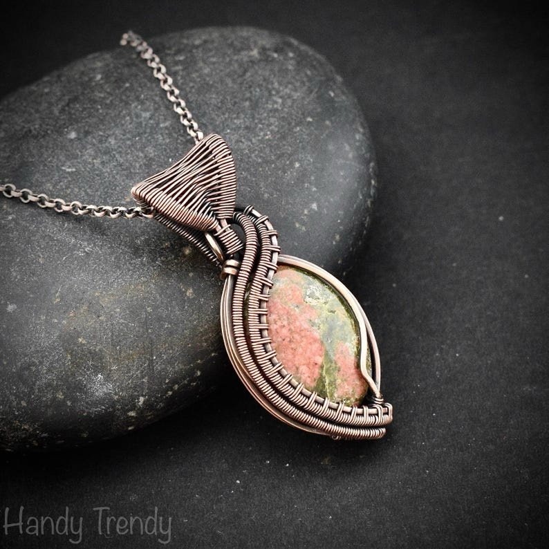 Unakite pendant, Copper wire wrapped necklace, Unique handmade gift, One of a kind Artisan boho jewelry