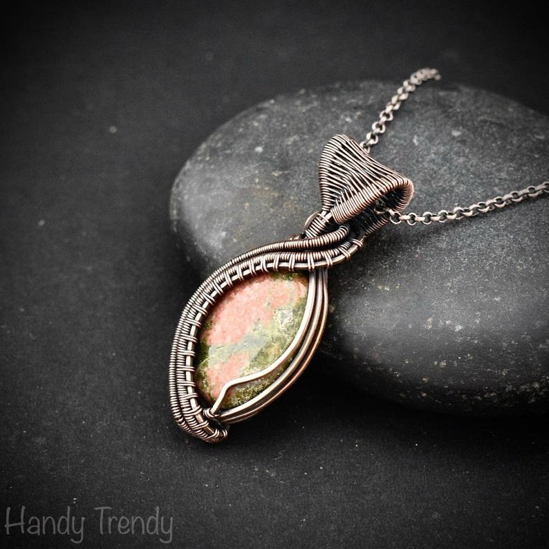 Unakite pendant, Copper wire wrapped necklace, Unique handmade gift, One of a kind Artisan boho jewelry