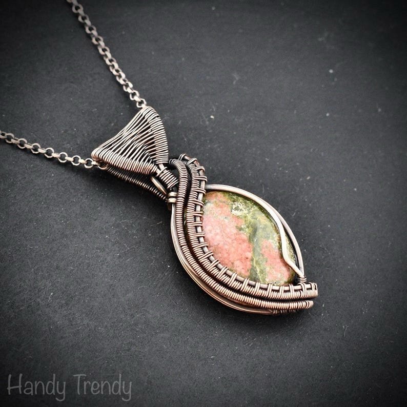 Unakite pendant, Copper wire wrapped necklace, Unique handmade gift, One of a kind Artisan boho jewelry