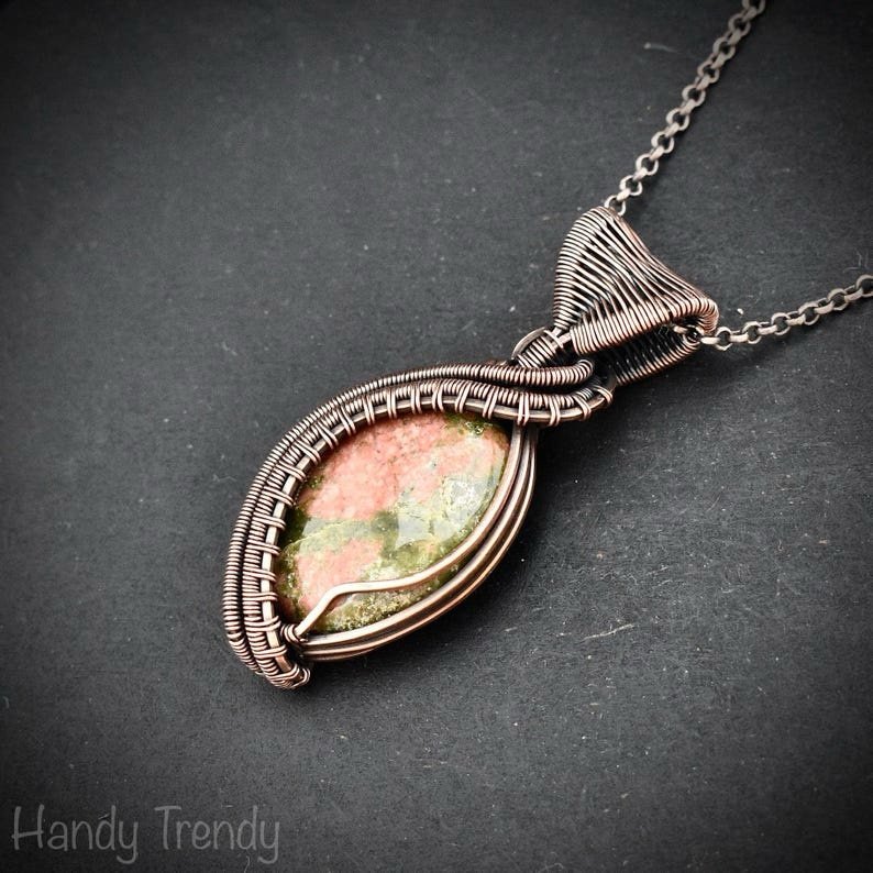 Unakite pendant, Copper wire wrapped necklace, Unique handmade gift, One of a kind Artisan boho jewelry