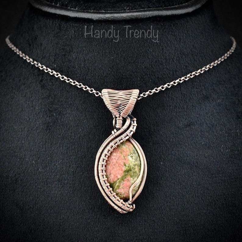 Unakite pendant, Copper wire wrapped necklace, Unique handmade gift, One of a kind Artisan boho jewelry