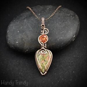 Unakite and orange cubic zirconia pendant, Copper wire wrapped necklace, Unique handmade gift, One of a kind pendant