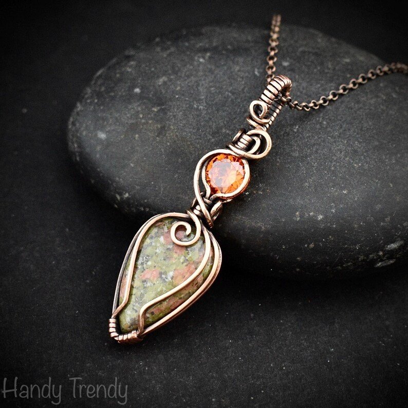 Unakite and orange cubic zirconia pendant, Copper wire wrapped necklace, Unique handmade gift, One of a kind pendant