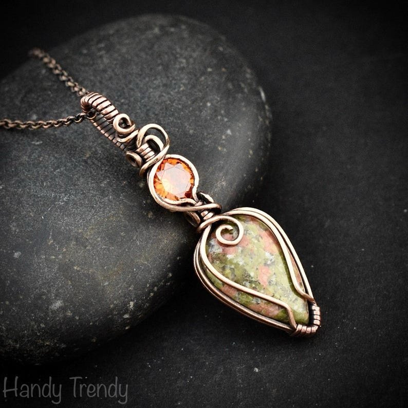 Unakite and orange cubic zirconia pendant, Copper wire wrapped necklace, Unique handmade gift, One of a kind pendant