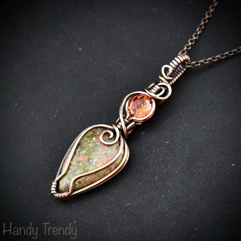 Unakite and orange cubic zirconia pendant, Copper wire wrapped necklace, Unique handmade gift, One of a kind pendant