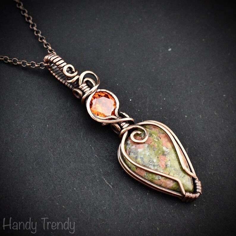 Unakite and orange cubic zirconia pendant, Copper wire wrapped necklace, Unique handmade gift, One of a kind pendant
