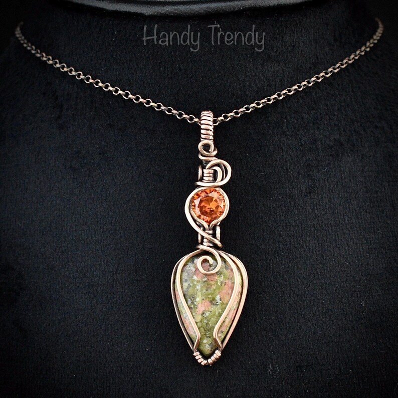 Unakite and orange cubic zirconia pendant, Copper wire wrapped necklace, Unique handmade gift, One of a kind pendant