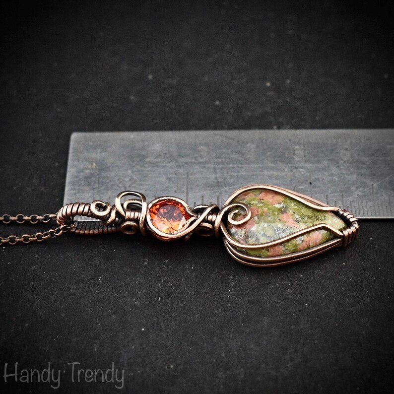 Unakite and orange cubic zirconia pendant, Copper wire wrapped necklace, Unique handmade gift, One of a kind pendant