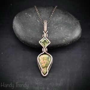Unakite and green cubic zirconia pendant, Copper wire wrapped necklace, Unique handmade gift, One of a kind artisan pendant