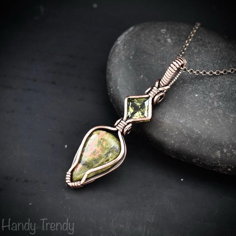 Unakite and green cubic zirconia pendant, Copper wire wrapped necklace, Unique handmade gift, One of a kind artisan pendant
