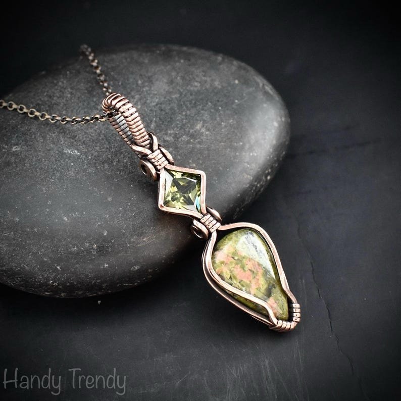 Unakite and green cubic zirconia pendant, Copper wire wrapped necklace, Unique handmade gift, One of a kind artisan pendant