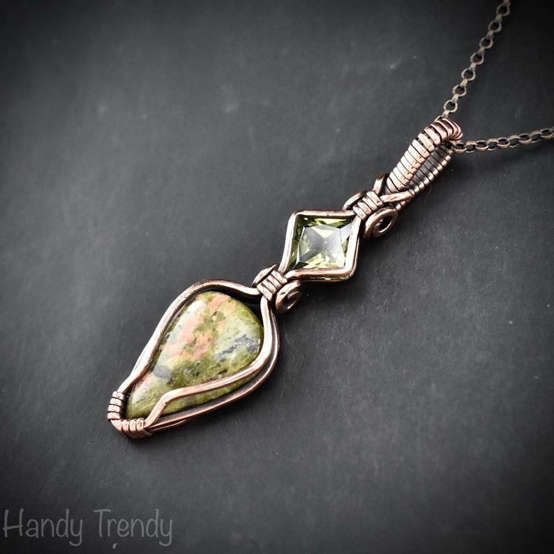 Unakite and green cubic zirconia pendant, Copper wire wrapped necklace, Unique handmade gift, One of a kind artisan pendant