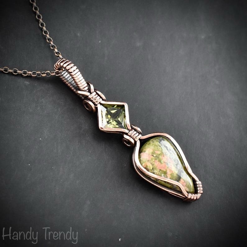 Unakite and green cubic zirconia pendant, Copper wire wrapped necklace, Unique handmade gift, One of a kind artisan pendant