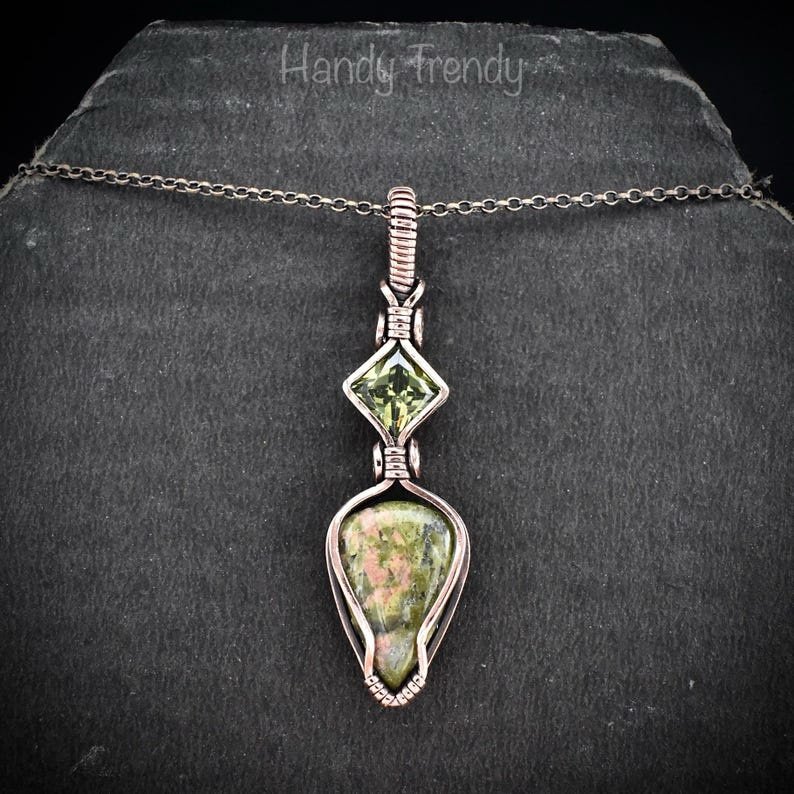 Unakite and green cubic zirconia pendant, Copper wire wrapped necklace, Unique handmade gift, One of a kind artisan pendant