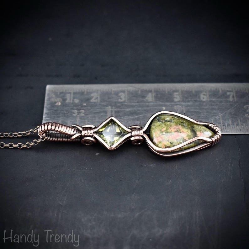 Unakite and green cubic zirconia pendant, Copper wire wrapped necklace, Unique handmade gift, One of a kind artisan pendant