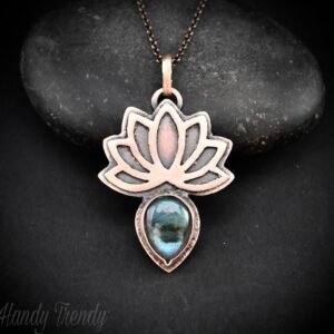 Lotus pendant, Blue labradorite and copper necklace, Unique handmade gift, One of a kind Artisan boho jewelry,