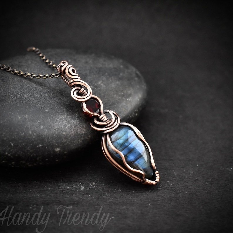 Blue labradorite and red cubic zirconia pendant, Copper Wire wrap jewelry, Unique handmade gift, Statement artisan boho necklace
