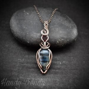 Blue labradorite and red cubic zirconia pendant, Copper Wire wrap jewelry, Unique handmade gift, Statement artisan boho necklace