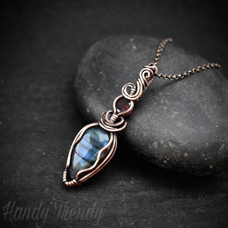 Blue labradorite and red cubic zirconia pendant, Copper Wire wrap jewelry, Unique handmade gift, Statement artisan boho necklace