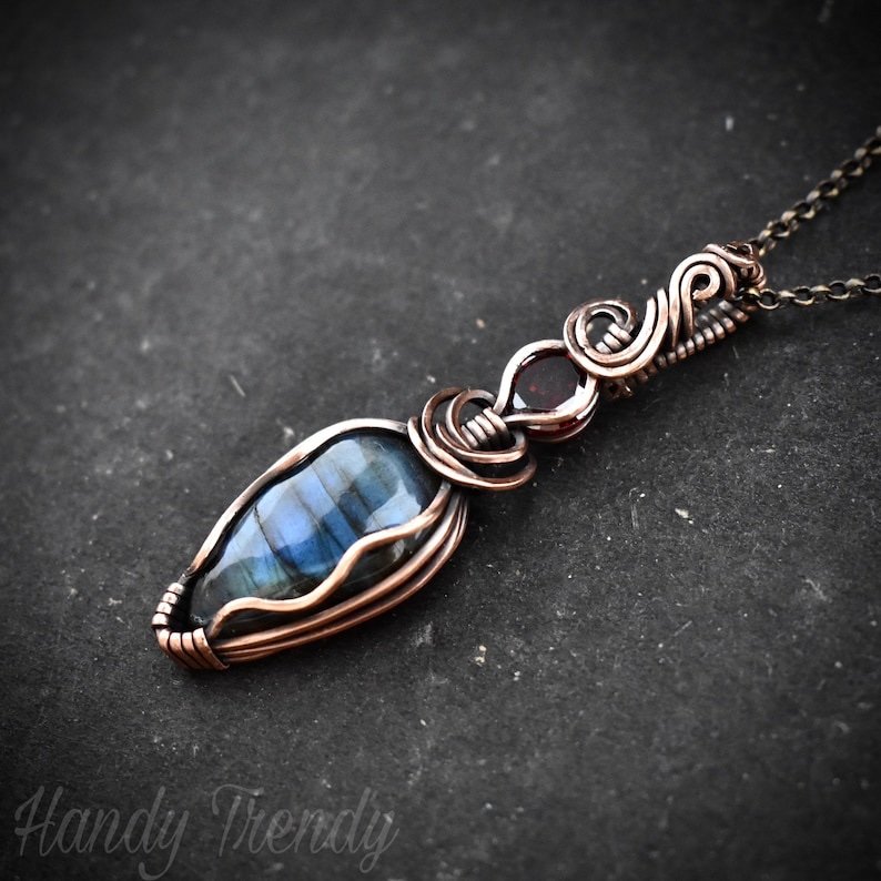 Blue labradorite and red cubic zirconia pendant, Copper Wire wrap jewelry, Unique handmade gift, Statement artisan boho necklace